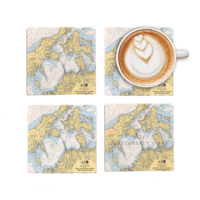 Shelter Island Sound and Peconic Bays, NY - Marble Coaster Set