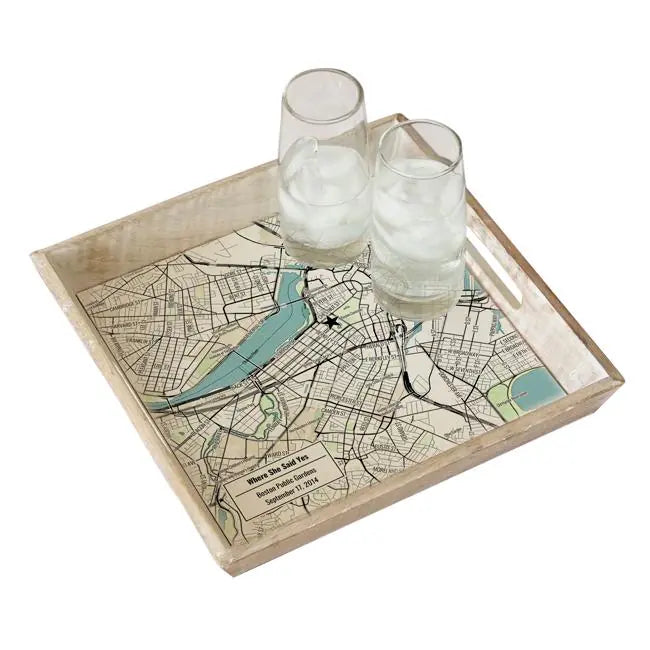 Modern Black Line Map w/ Live Preview - Natural Wood Serving Tray