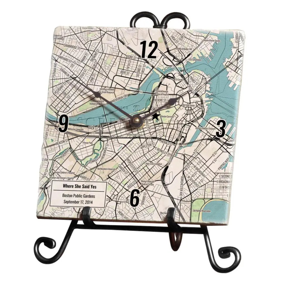 Modern Black Line Map w/ Live Preview - Marble Desk Clock