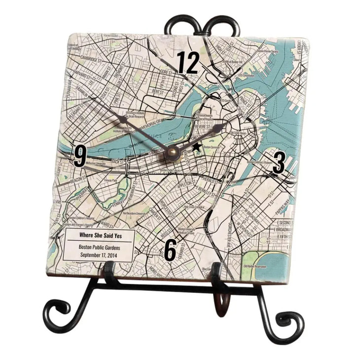 Modern Black Line Map w/ Live Preview - Marble Desk Clock