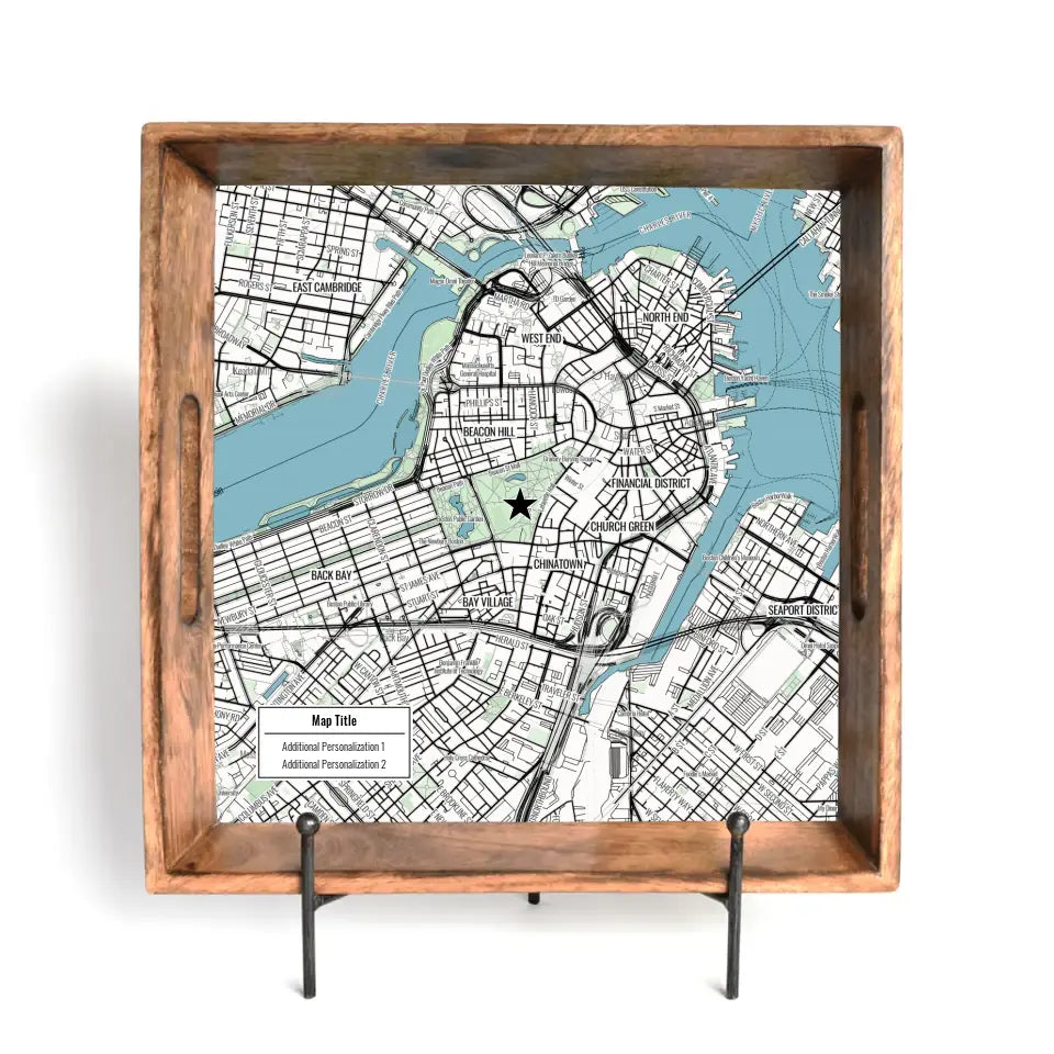 Modern Black Line Map w/ Live Preview - Burnt Tray and Coaster Gift Set