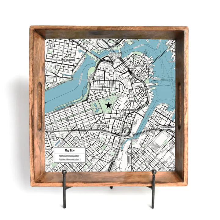 Modern Black Line Map w/ Live Preview - Burnt Tray and Coaster Gift Set