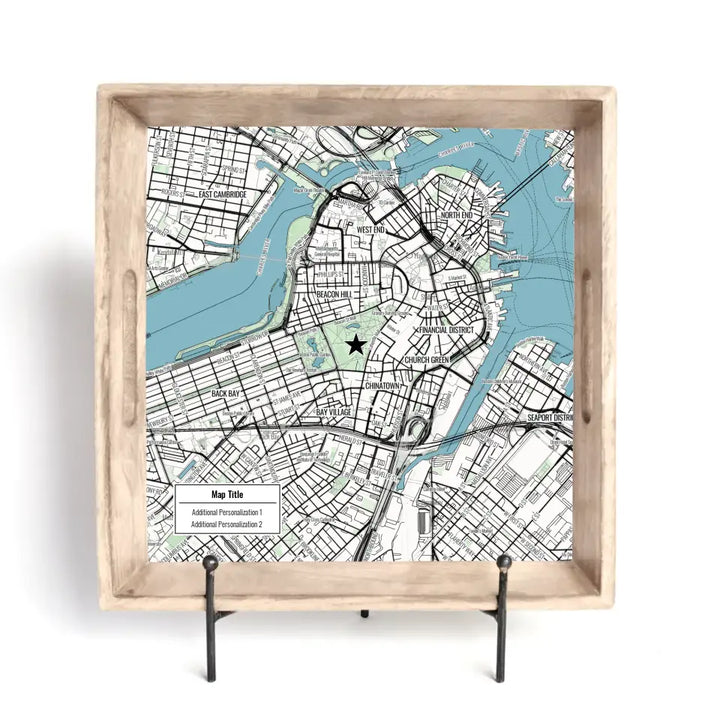 Modern Black Line Map w/ Live Preview - Burnt Tray and Coaster Gift Set