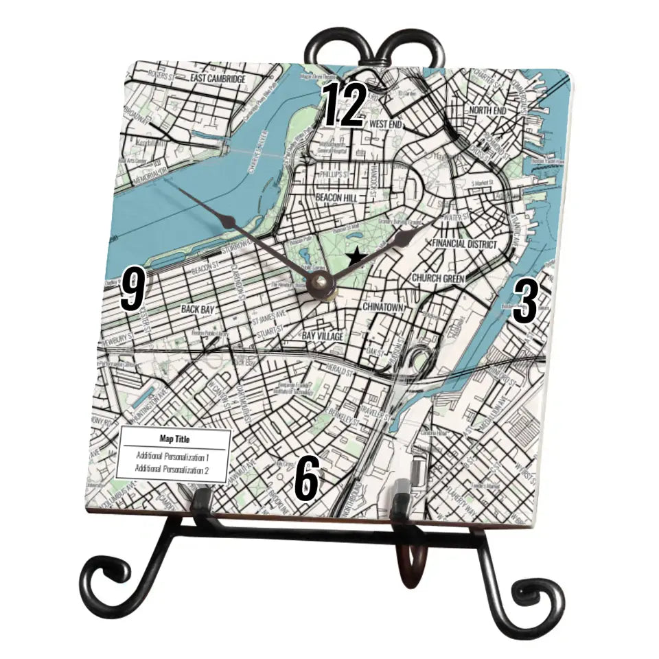 Modern Black Line Map w/ Live Preview - Marble Desk Clock
