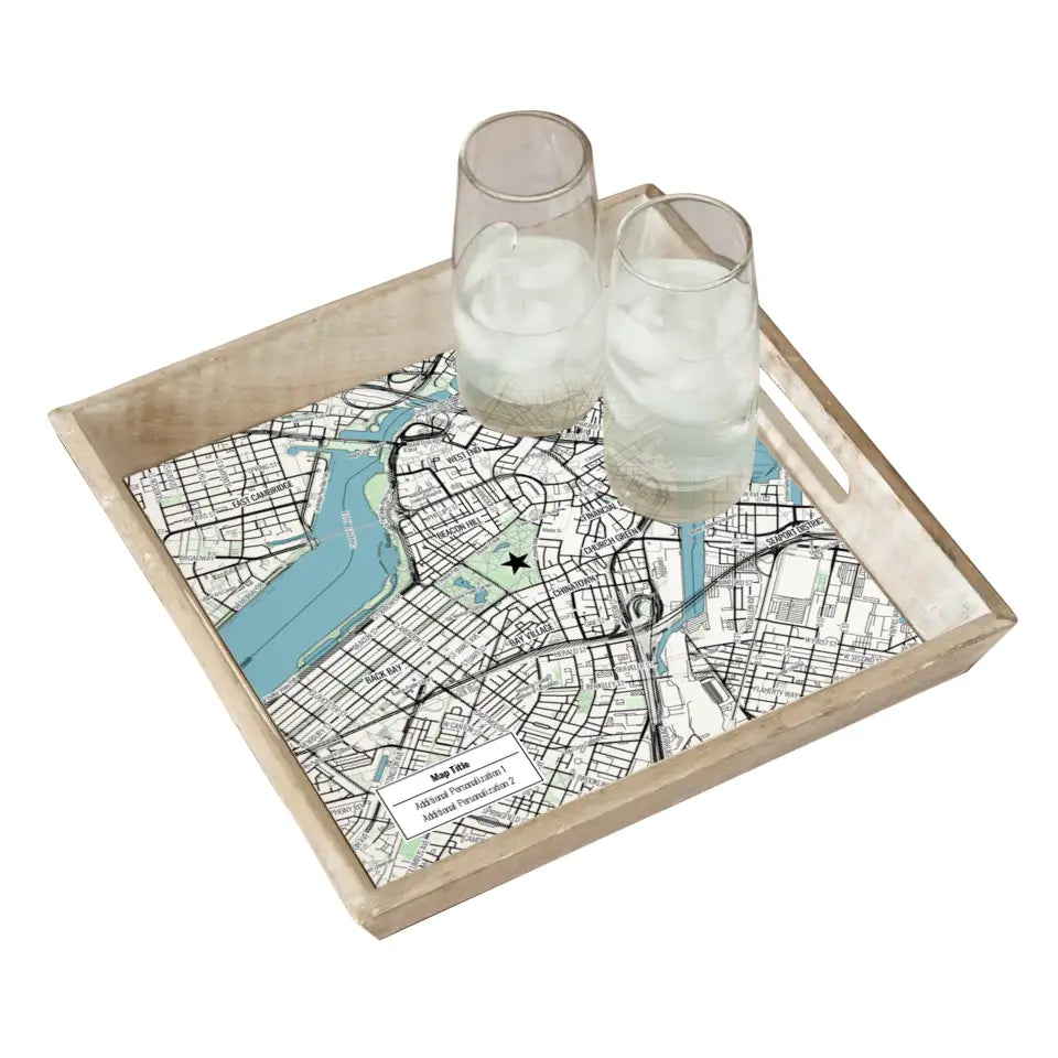 Modern Black Line Map w/ Live Preview - Natural Wood Serving Tray