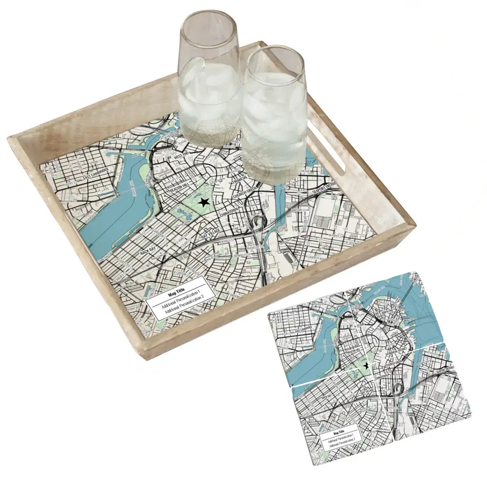 Modern Black Line Map w/ Live Preview - Natural Wood Serving Tray