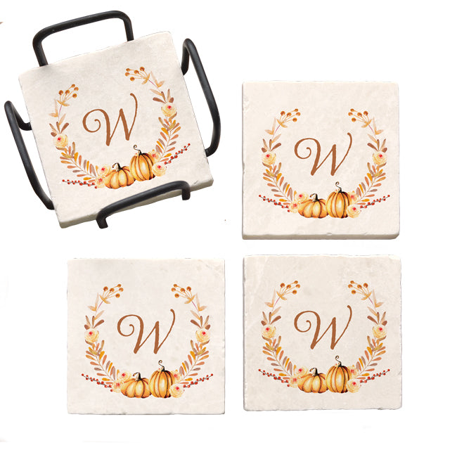 Personalized Autumn Wreath Marble Coaster Set