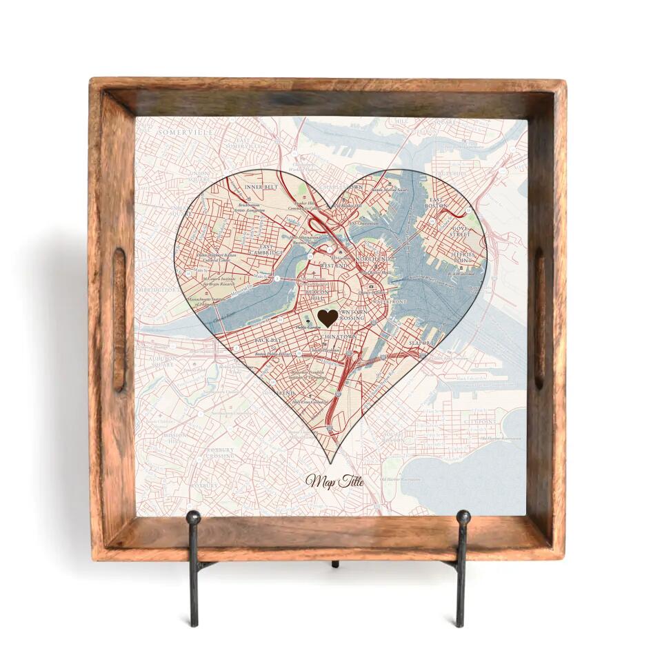Heart Map w/ Live Preview - Burnt Tray and Coaster Gift Set