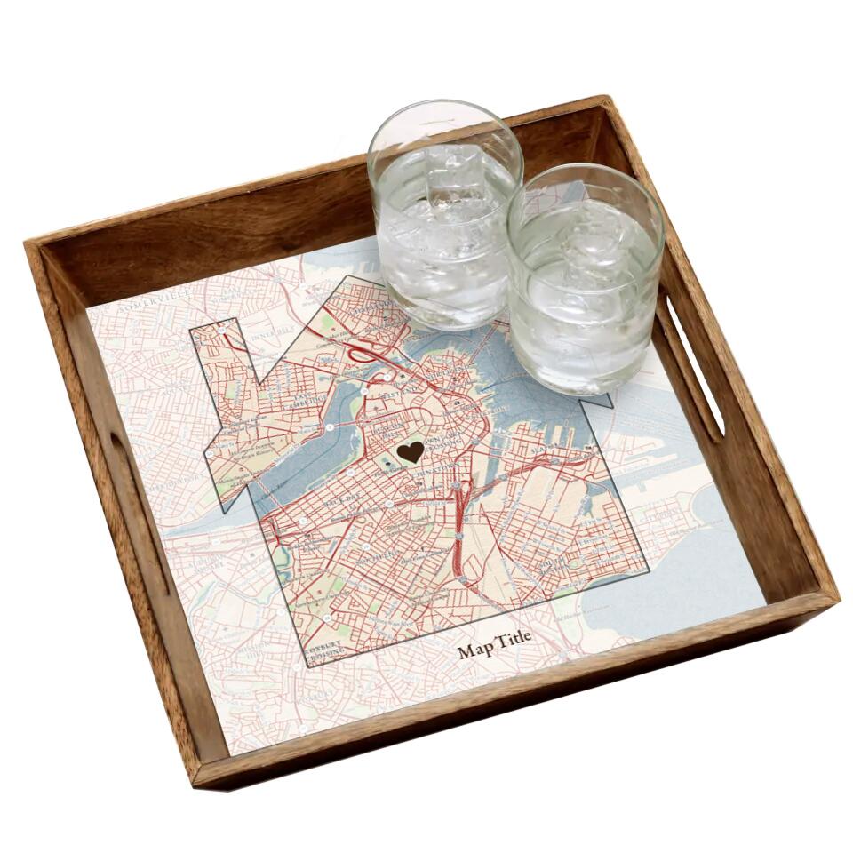 House Map w/ Live Preview - Natural Wood Serving Tray and Coaster Gift Set