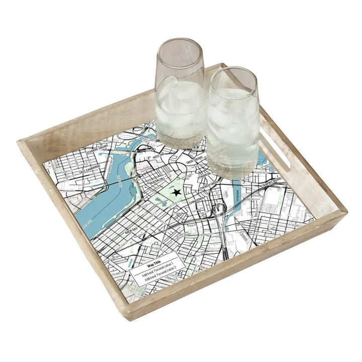 Modern Black Line Map w/ Live Preview - Natural Wood Serving Tray