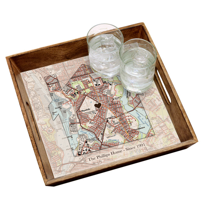 Vintage Map - House- Burnt Wood Serving Tray