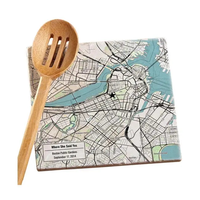 Modern Black Line Map w/ Live Preview - Marble Trivet