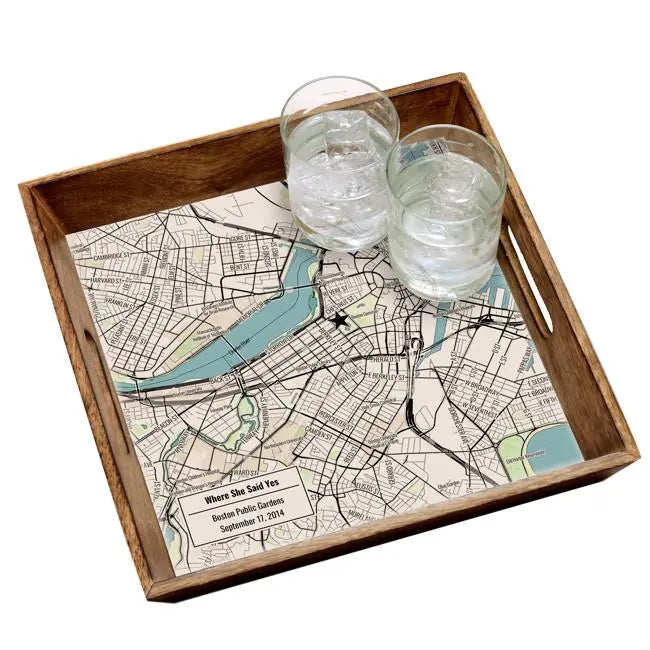 Modern Black Line Map w/ Live Preview - Burnt Wood Serving Tray