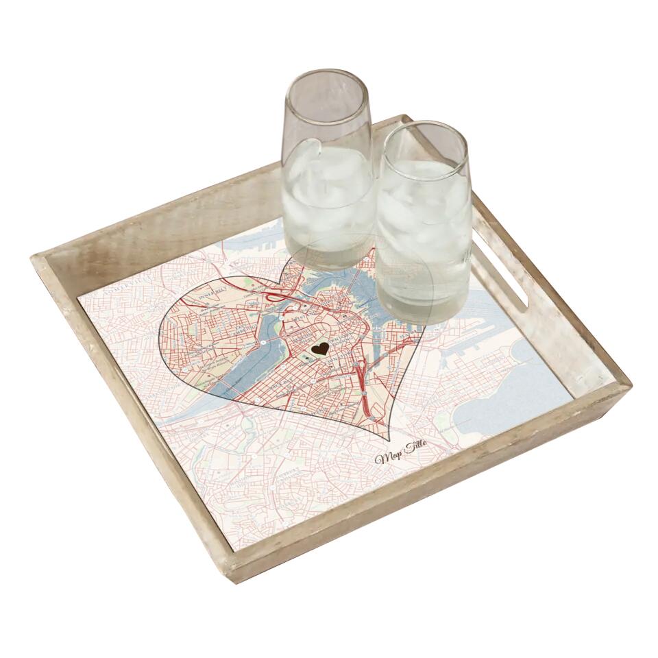 Heart Map w/ Live Preview - Natural Tray and Coaster Gift Set