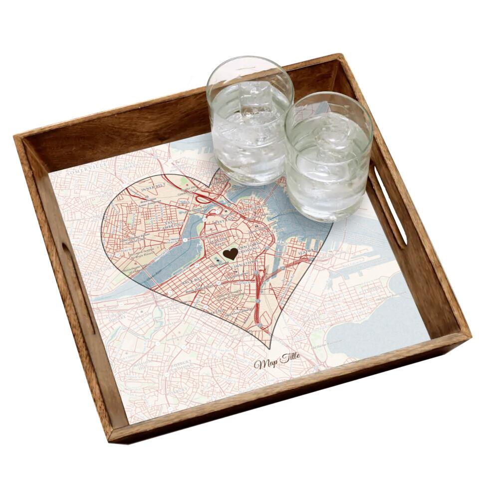 Heart Map w/ Live Preview - Natural Tray and Coaster Gift Set