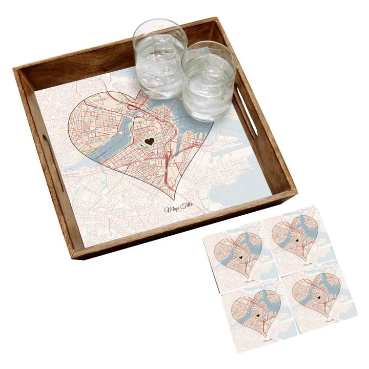 Heart Map w/ Live Preview - Natural Tray and Coaster Gift Set