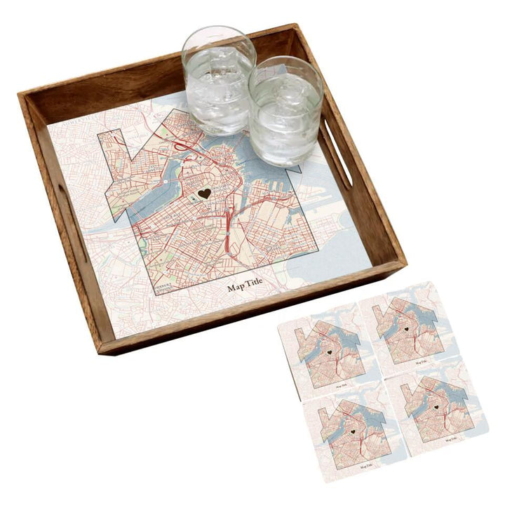 House Map w/ Live Preview - Natural Wood Serving Tray and Coaster Gift Set