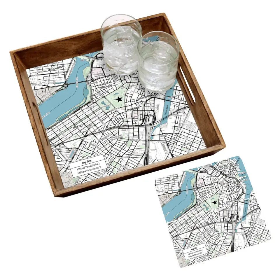 Modern Black Line Map w/ Live Preview - Burnt Wood Serving Tray