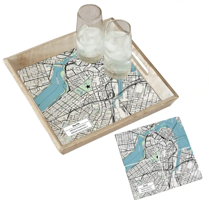 Modern Black Line Map w/ Live Preview - Natural Tray and Coaster Gift Set