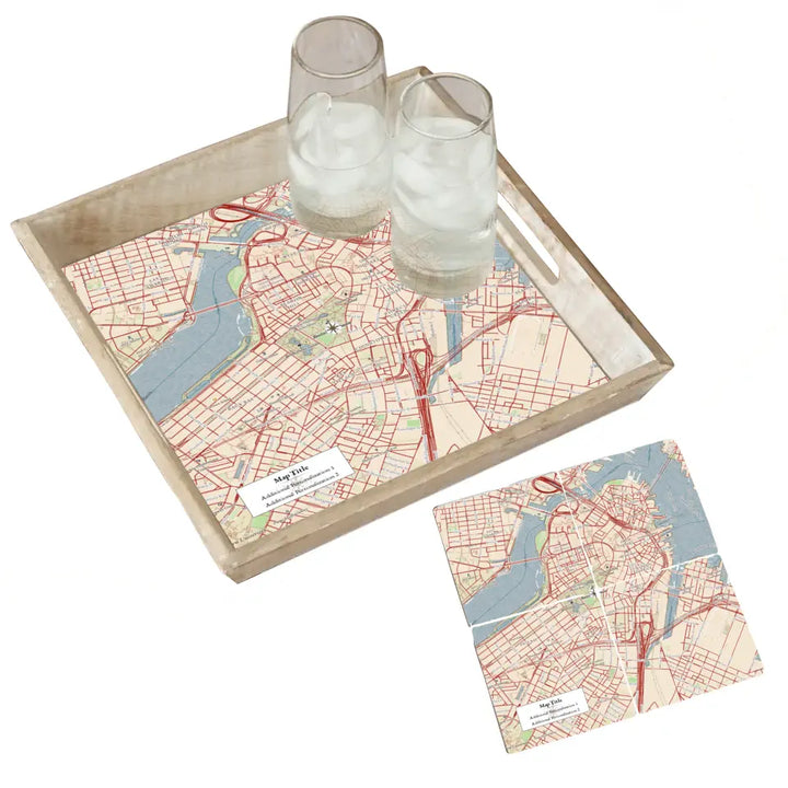 Classic Map w/ Live Preview - Natural Tray and Coaster Gift Set