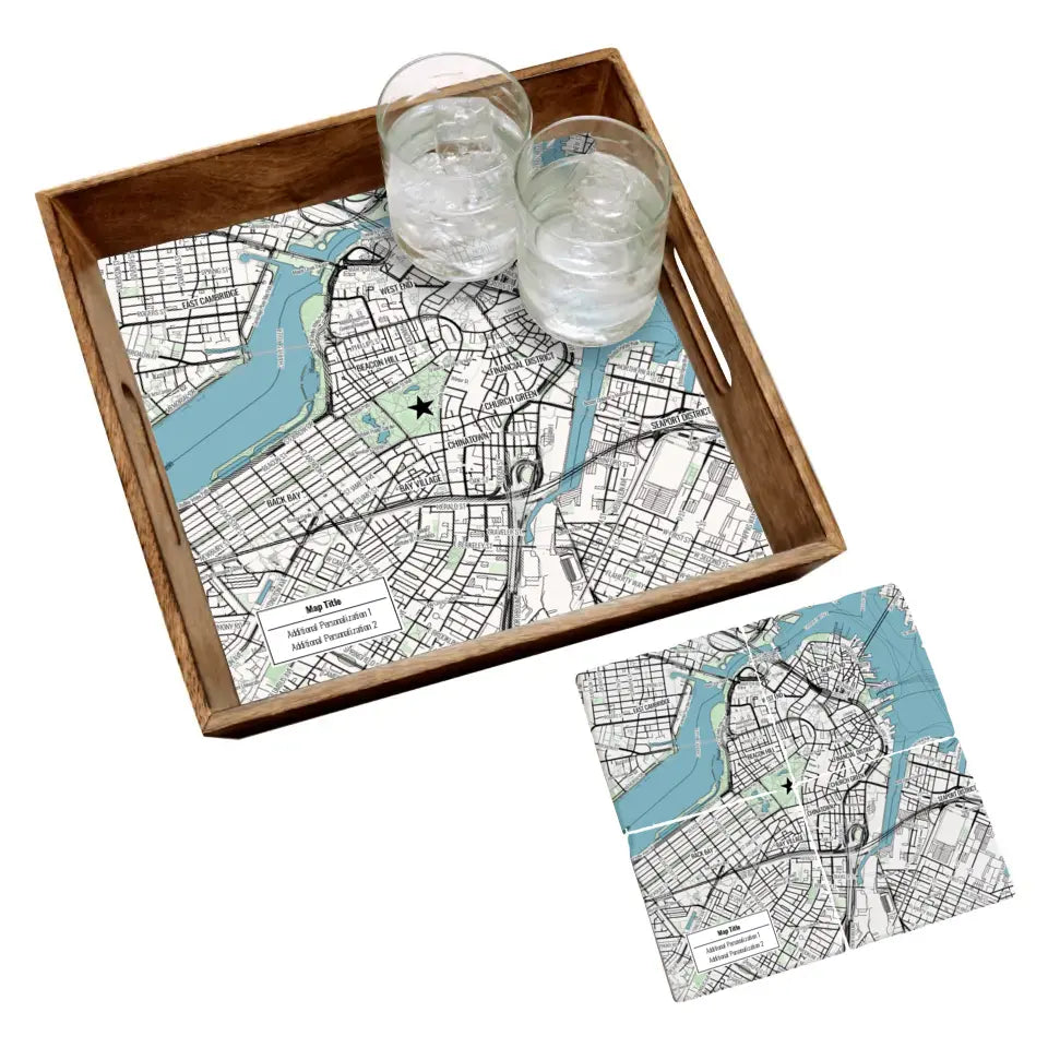 Modern Black Line Map w/ Live Preview - Natural Tray and Coaster Gift Set