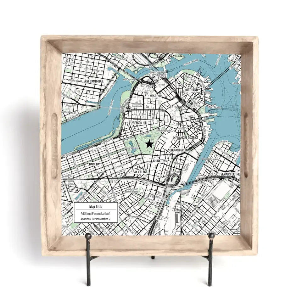 Modern Black Line Map w/ Live Preview - Natural Tray and Coaster Gift Set