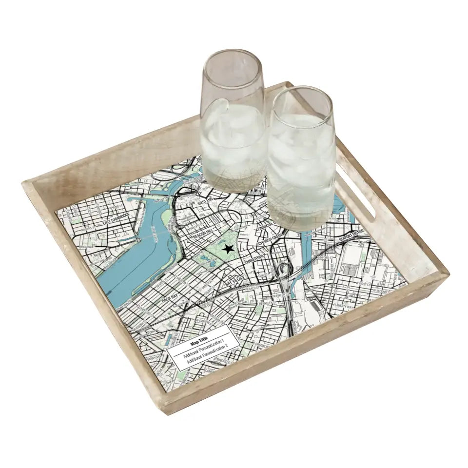 Modern Black Line Map w/ Live Preview - Natural Tray and Coaster Gift Set