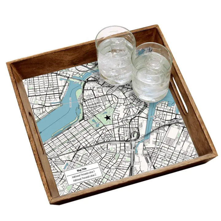 Modern Black Line Map w/ Live Preview - Natural Tray and Coaster Gift Set