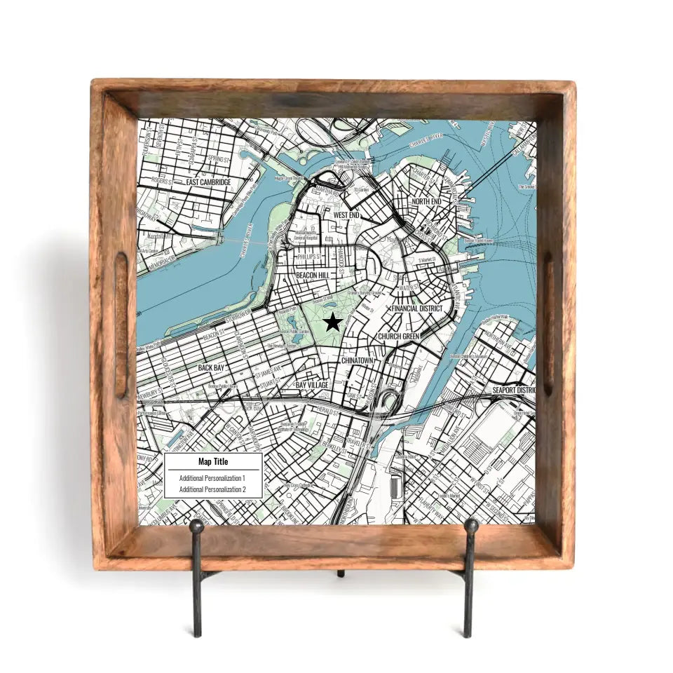 Modern Black Line Map w/ Live Preview - Natural Tray and Coaster Gift Set