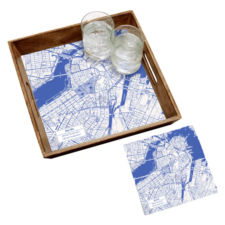 Blueprint Map w/ Live Preview - Natural Tray and Coaster Gift Set