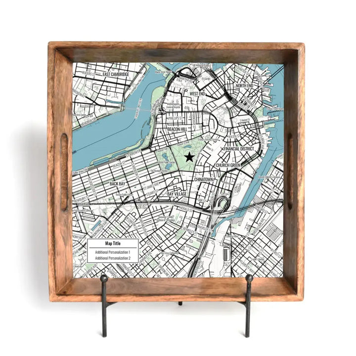 Modern Black Line Map w/ Live Preview - Burnt Wood Serving Tray