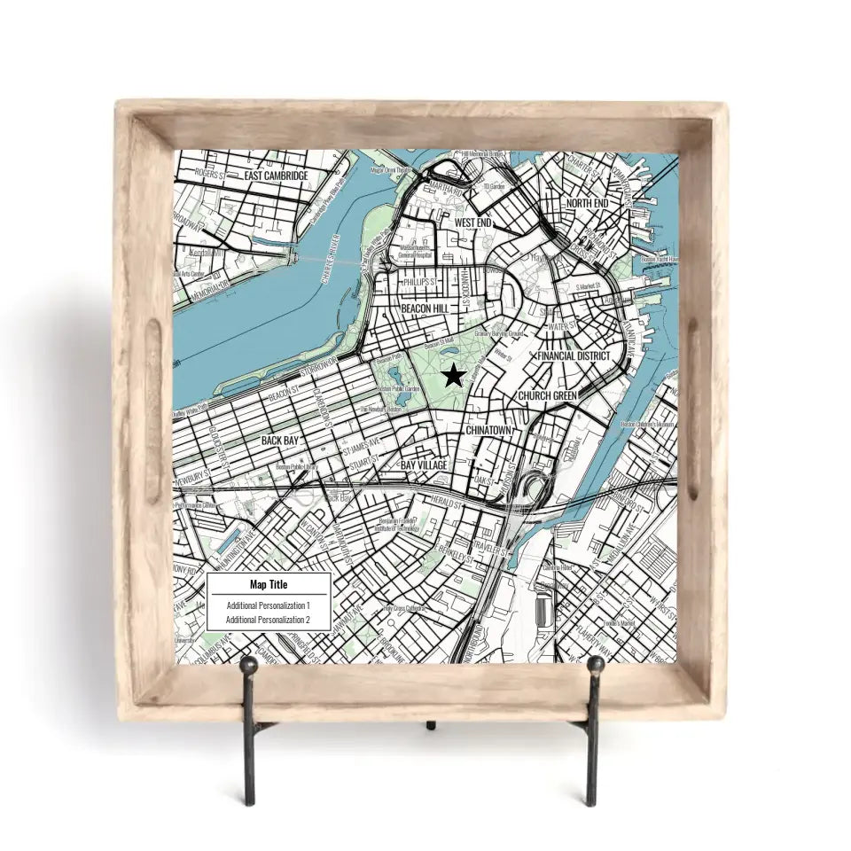 Modern Black Line Map w/ Live Preview - Burnt Wood Serving Tray