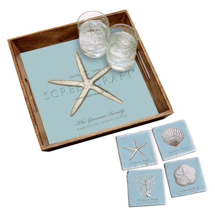 Personalized Blue Shells Tray & Coaster Gift Set