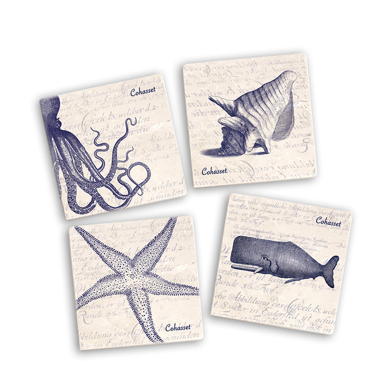 Cohasset, MA - Blue Sea Creatures - Set of 4 coasters