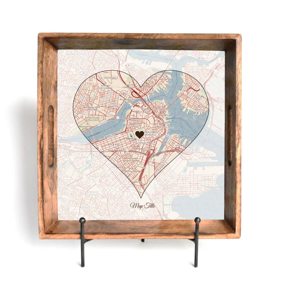Heart Map w/ Live Preview - Natural Tray and Coaster Gift Set