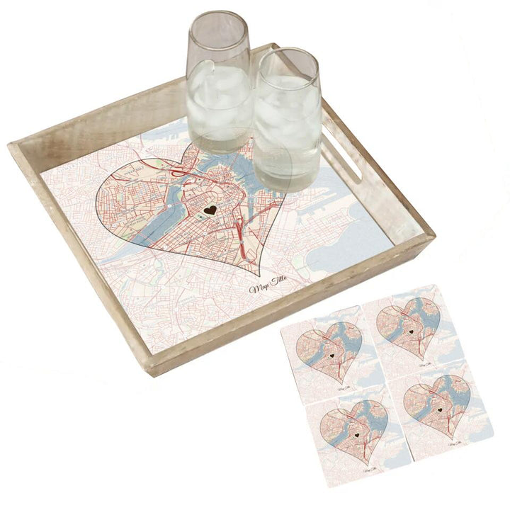 Heart Map w/ Live Preview - Natural Tray and Coaster Gift Set