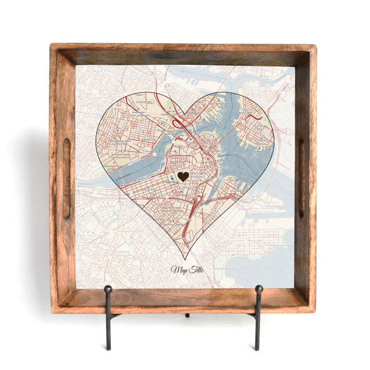Heart Map w/ Live Preview - Natural Wood Serving Tray