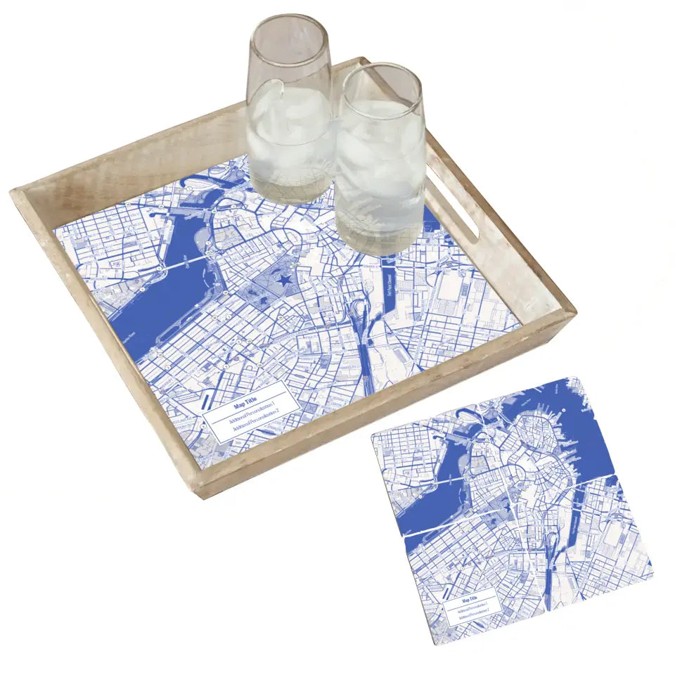 Blueprint Map w/ Live Preview - Natural Tray and Coaster Gift Set