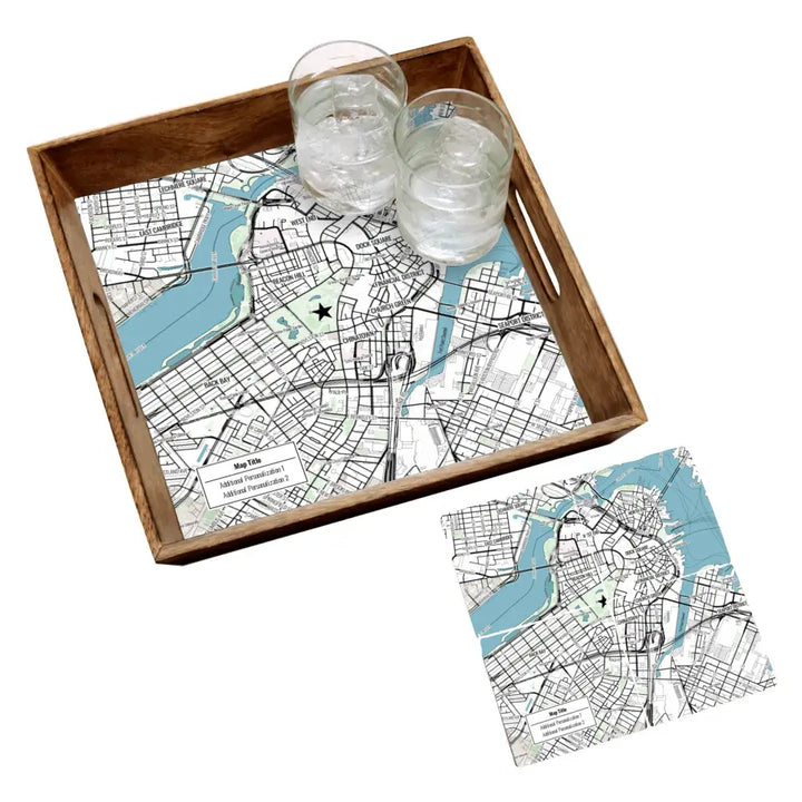 Modern Black Line Map w/ Live Preview - Natural Tray and Coaster Gift Set