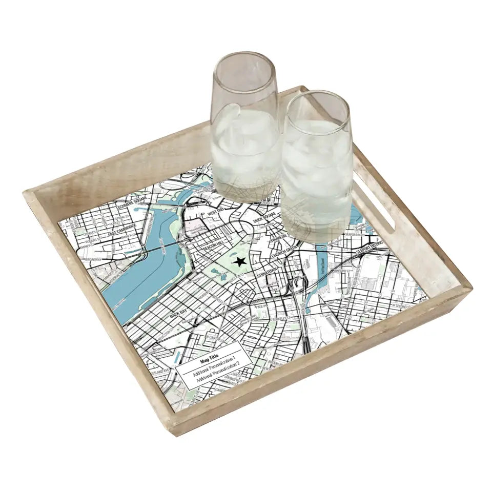 Modern Black Line Map w/ Live Preview - Natural Wood Serving Tray
