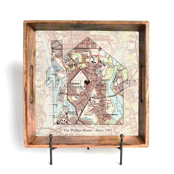 Vintage Map - House- Burnt Wood Serving Tray